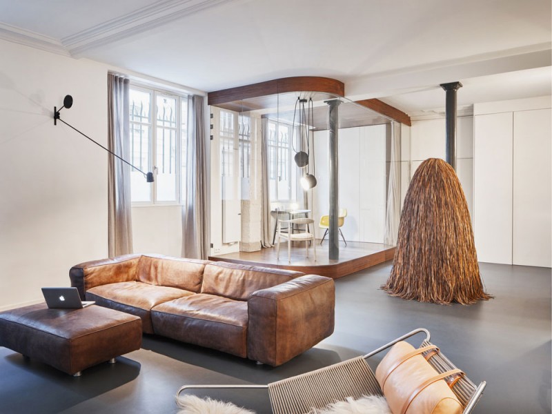 glass and walnut parisian loft by cut architectures, interior