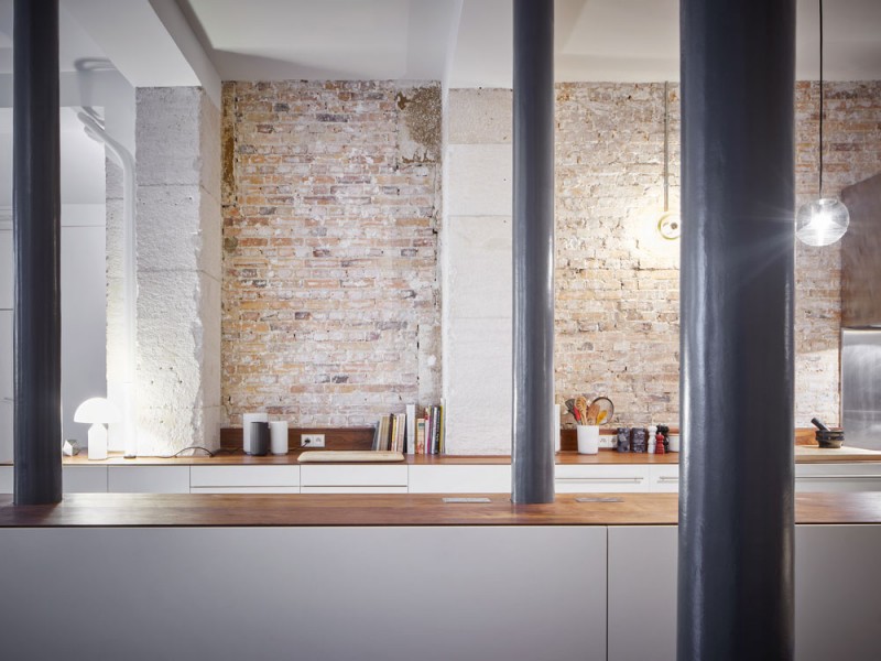 glass and walnut parisian loft by cut architectures, kitchen