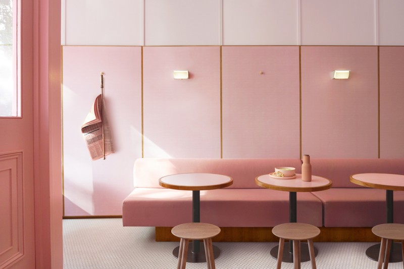 Humble. The interior is clad in wall-to-wall pink Formica.